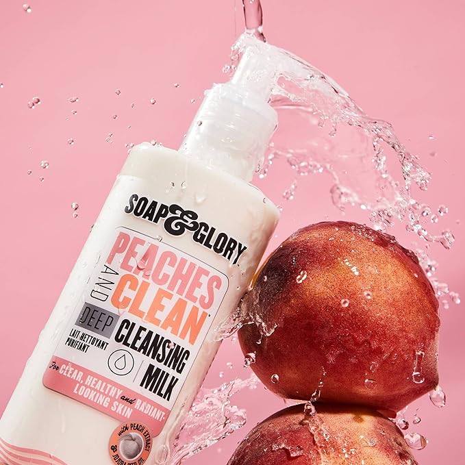 Soap and Glory Peaches & Clean Deep Cleansing Milk - 4 in1 Milk Cleanser & Makeup Remover with Peach Extract, Ginseng & Jojoba Oil - Hydrating Facial Cleanser for Clarified & Energized Skin (350ml)