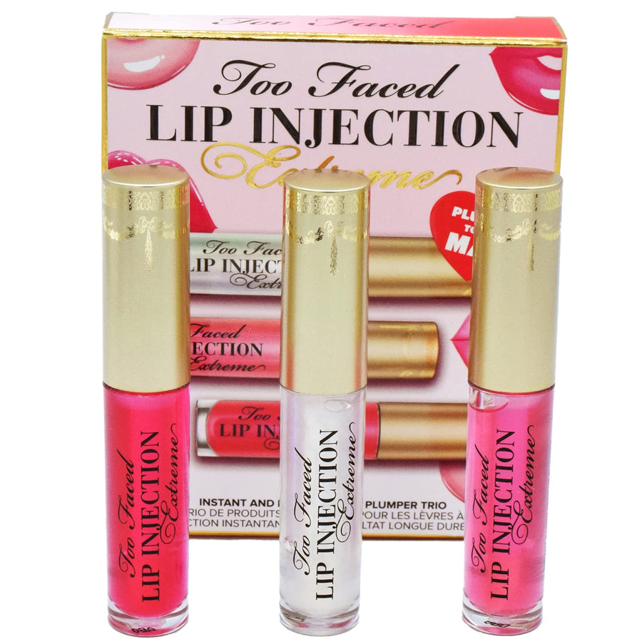 Too Faced Lip Injection Extreme Plumped To The Max Trio Travel Size Set Shades (Original, Bubblegum Yum, Pink Punch)